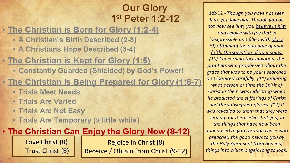 Our Glory 1 st Peter 1: 2 -12 • The Christian is Born for