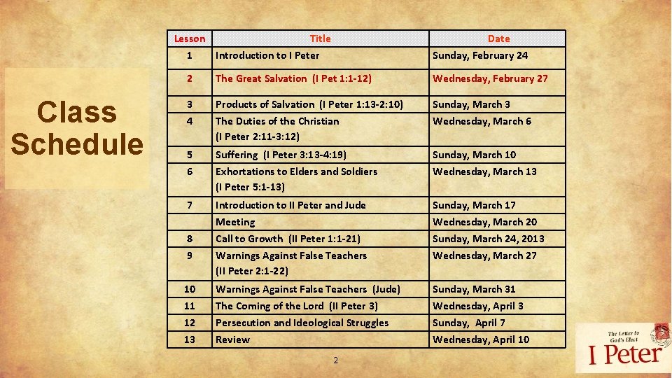 Lesson Title 1 Introduction to I Peter Class Schedule Date Sunday, February 24 2