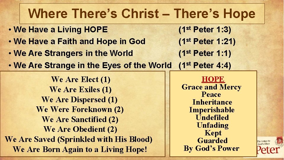 Where There’s Christ – There’s Hope • We Have a Living HOPE • We
