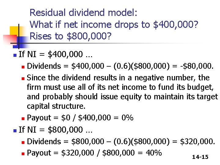 Residual dividend model: What if net income drops to $400, 000? Rises to $800,