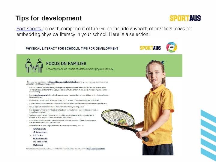 Tips for development Fact sheets on each component of the Guide include a wealth