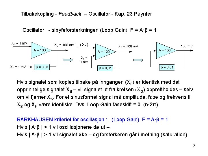 Tilbakekopling - Feedback – Oscillator - Kap. 23 Paynter Oscillator - sløyfeforsterkningen (Loop Gain)