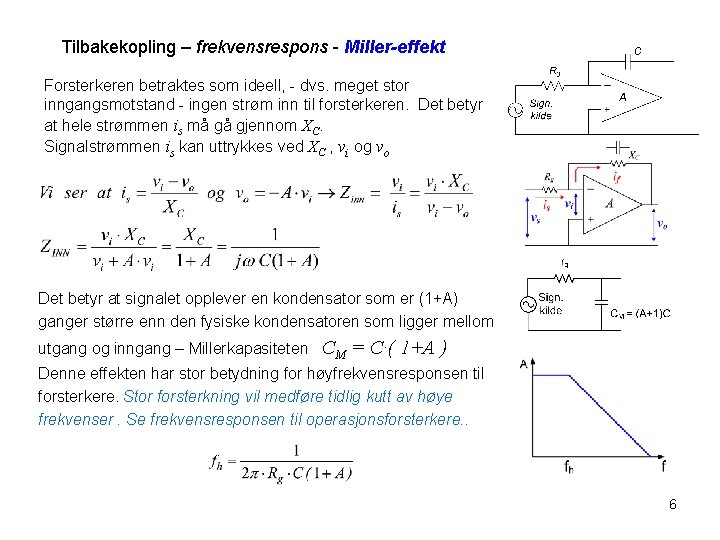 Tilbakekopling – frekvensrespons - Miller-effekt Forsterkeren betraktes som ideell, - dvs. meget stor inngangsmotstand