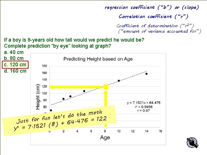 regression coefficient (“b”) or (slope) Correlation coefficient (“r”) Coefficient of determination (“r 2”) (“amount