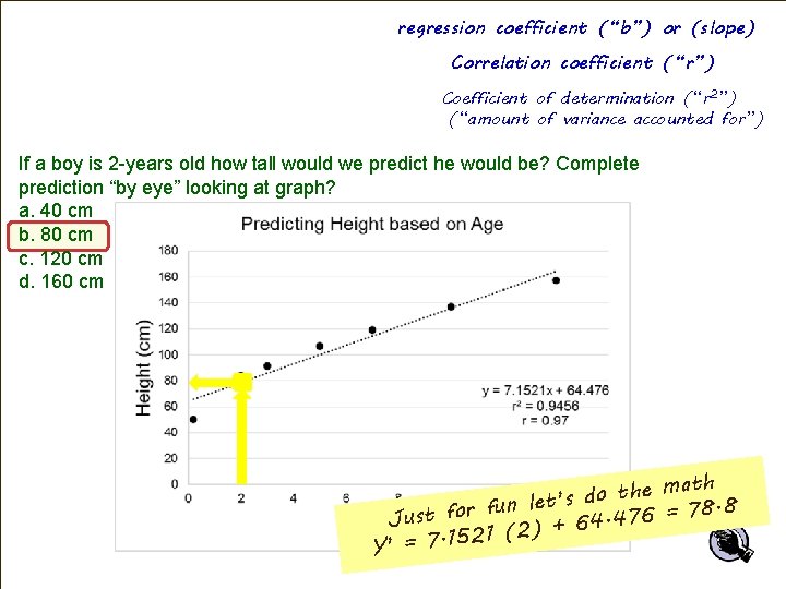 regression coefficient (“b”) or (slope) Correlation coefficient (“r”) Coefficient of determination (“r 2”) (“amount