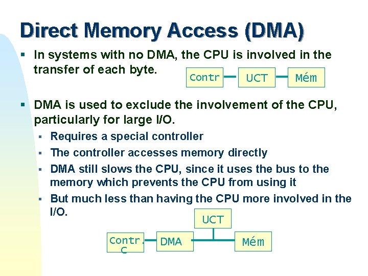 Direct Memory Access (DMA) § In systems with no DMA, the CPU is involved Direct Memory Access (DMA) § In systems with no DMA, the CPU is involved