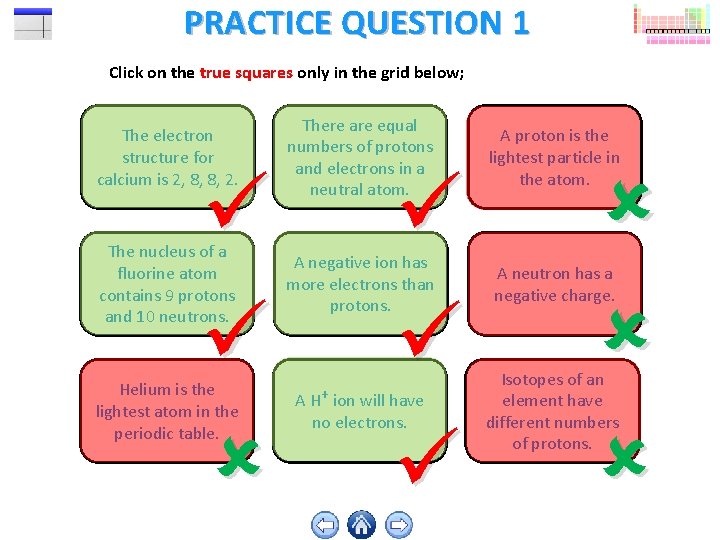 PRACTICE QUESTION 1 Click on the true squares only in the grid below; The