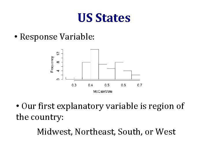 US States • Response Variable: • Our first explanatory variable is region of the