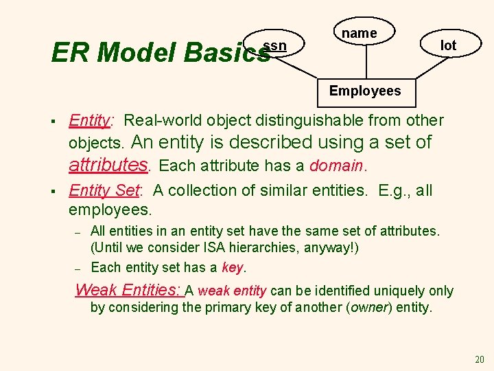 ER Model Basics ssn name lot Employees § § Entity: Real-world object distinguishable from ER Model Basics ssn name lot Employees § § Entity: Real-world object distinguishable from