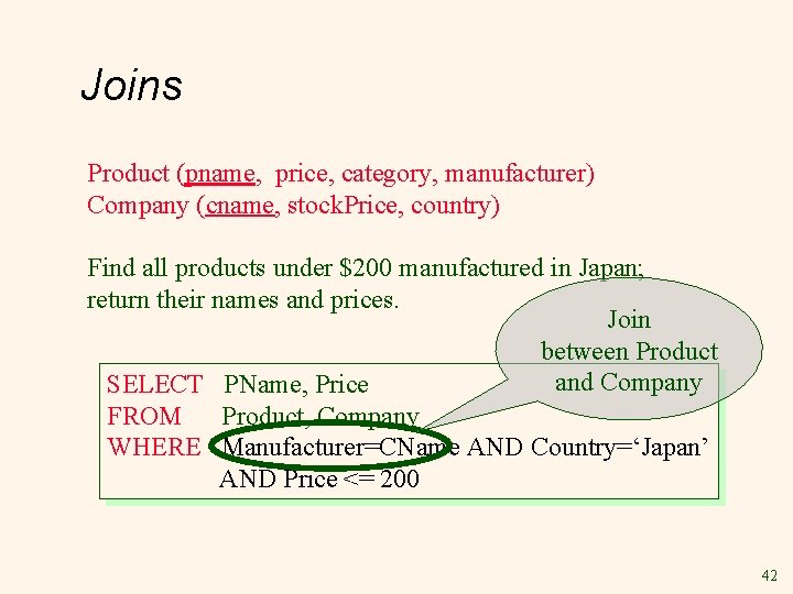 Joins Product (pname, price, category, manufacturer) Company (cname, stock. Price, country) Find all products Joins Product (pname, price, category, manufacturer) Company (cname, stock. Price, country) Find all products