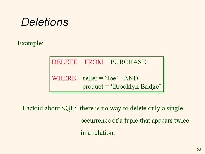 Deletions Example: DELETE FROM PURCHASE WHERE seller = ‘Joe’ AND product = ‘Brooklyn Bridge’ Deletions Example: DELETE FROM PURCHASE WHERE seller = ‘Joe’ AND product = ‘Brooklyn Bridge’