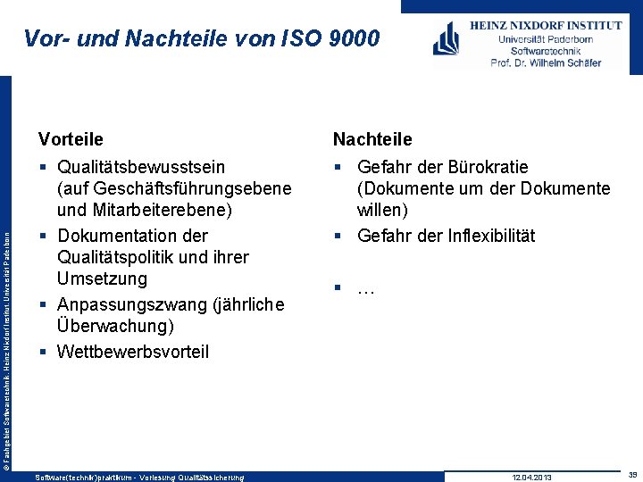 © Fachgebiet Softwaretechnik, Heinz Nixdorf Institut, Universität Paderborn Vor- und Nachteile von ISO 9000