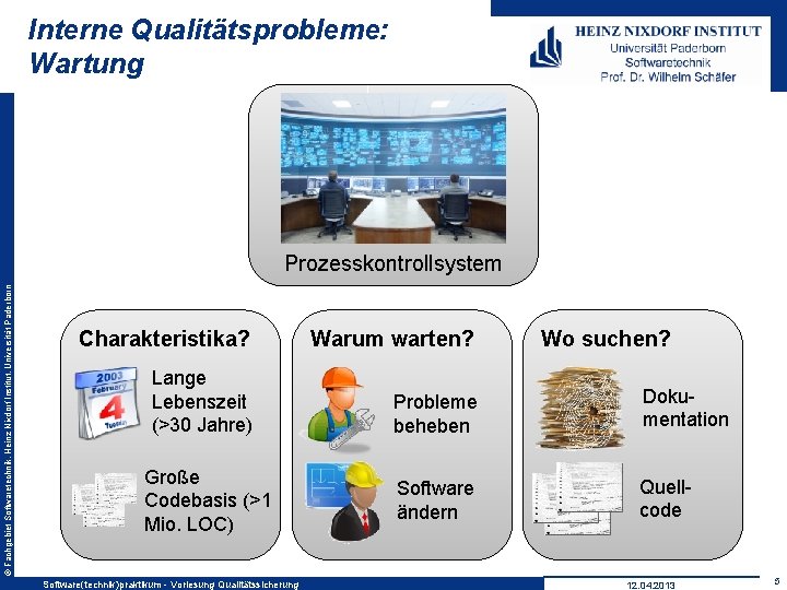 Interne Qualitätsprobleme: Wartung © Fachgebiet Softwaretechnik, Heinz Nixdorf Institut, Universität Paderborn Prozesskontrollsystem Charakteristika? Warum