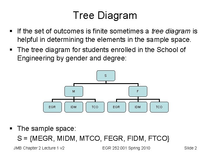 Tree Diagram § If the set of outcomes is finite sometimes a tree diagram