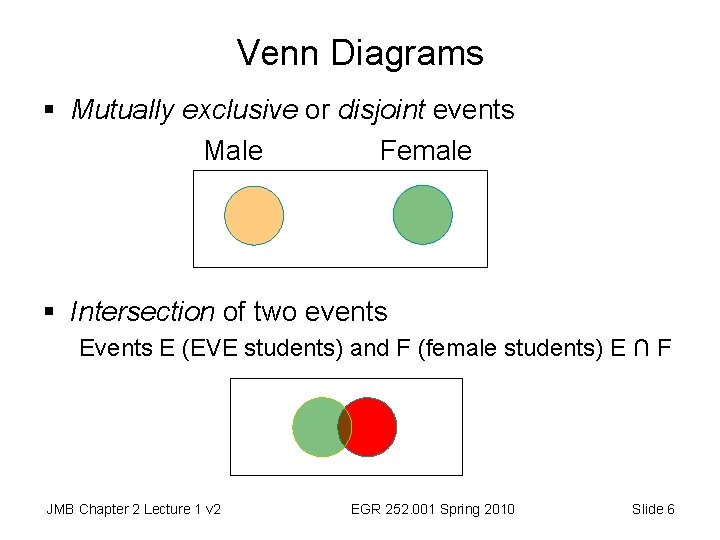 Venn Diagrams § Mutually exclusive or disjoint events Male Female § Intersection of two