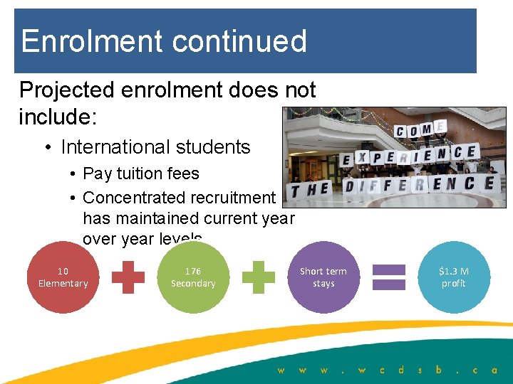 Enrolment continued Projected enrolment does not include: • International students • Pay tuition fees