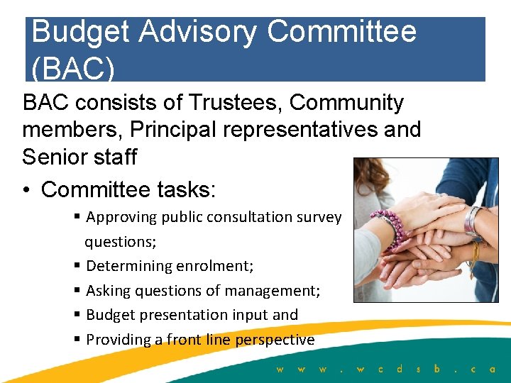 Budget Advisory Committee (BAC) BAC consists of Trustees, Community members, Principal representatives and Senior