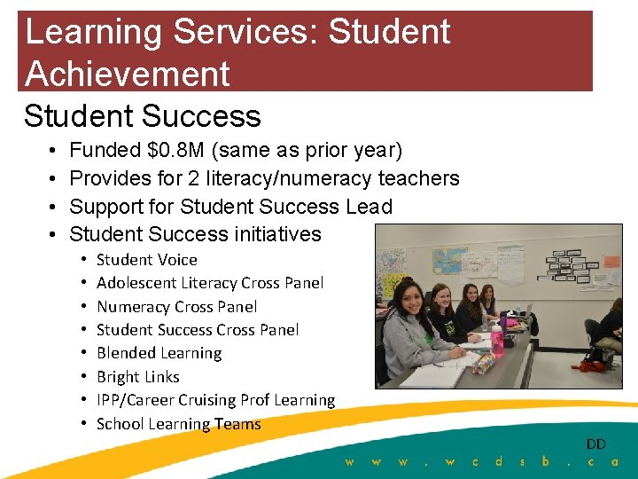 Learning Services: Student Achievement Student Success • • Funded $0. 8 M (same as