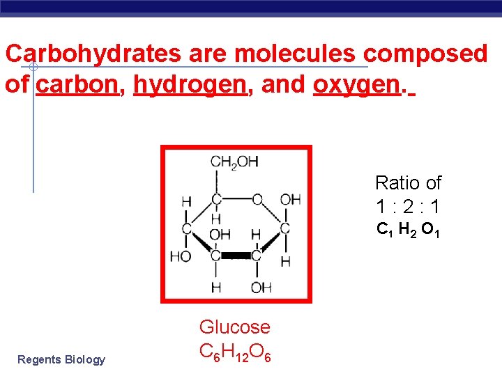 Carbohydrates are molecules composed of carbon, hydrogen, and oxygen. Ratio of 1: 2: 1