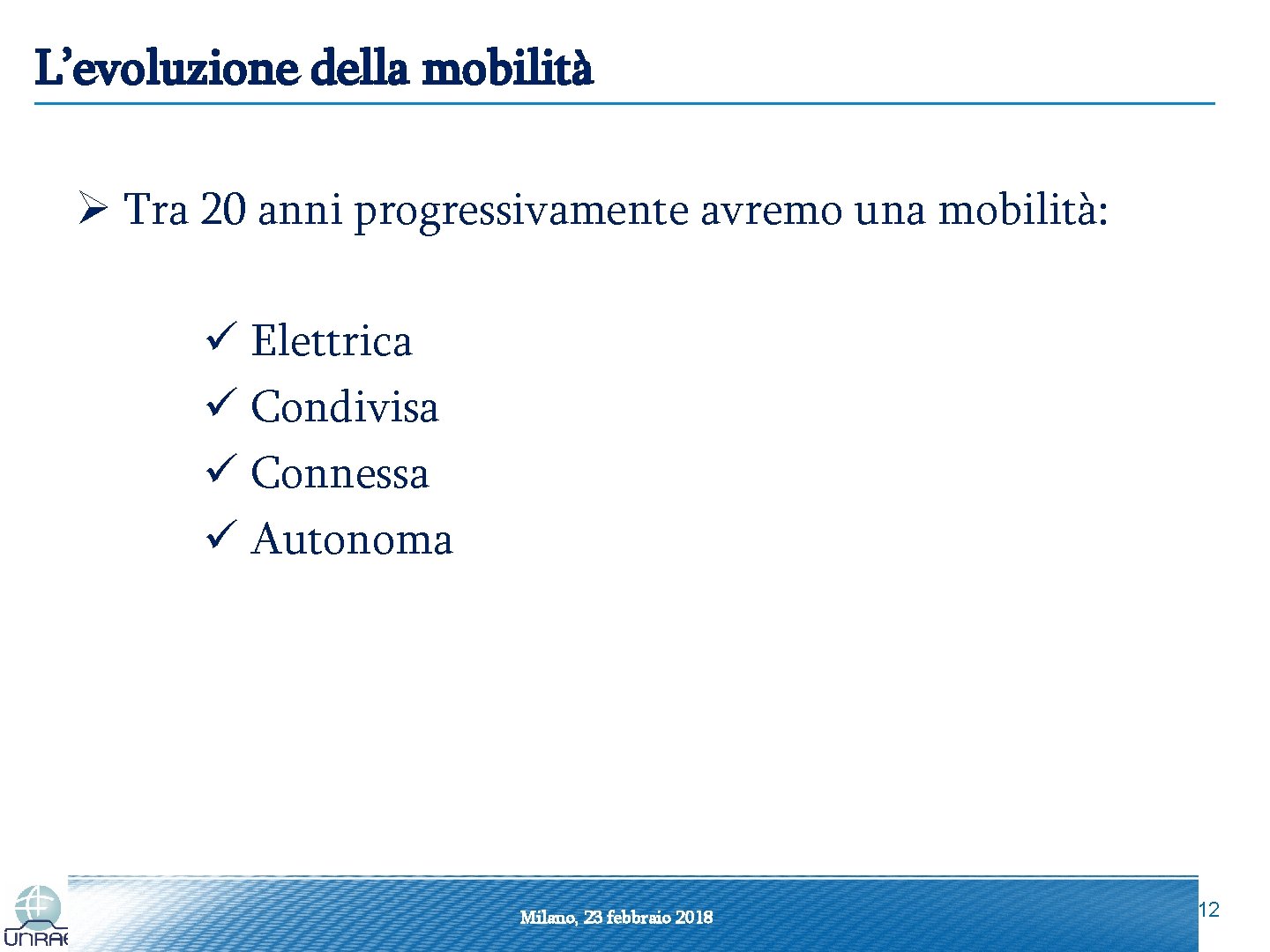 L’evoluzione della mobilità Ø Tra 20 anni progressivamente avremo una mobilità: ü Elettrica ü