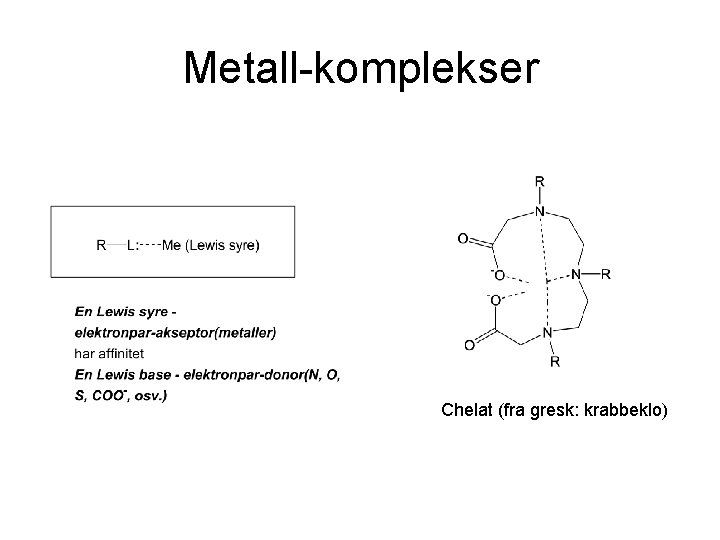 Metall-komplekser Chelat (fra gresk: krabbeklo) 