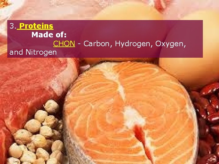 3. Proteins Made of: CHON - Carbon, Hydrogen, Oxygen, and Nitrogen 