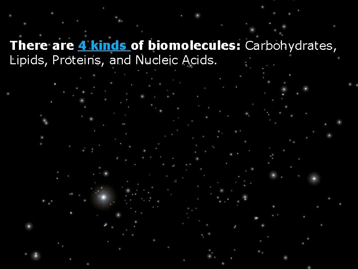 There are 4 kinds of biomolecules: Carbohydrates, Lipids, Proteins, and Nucleic Acids. 