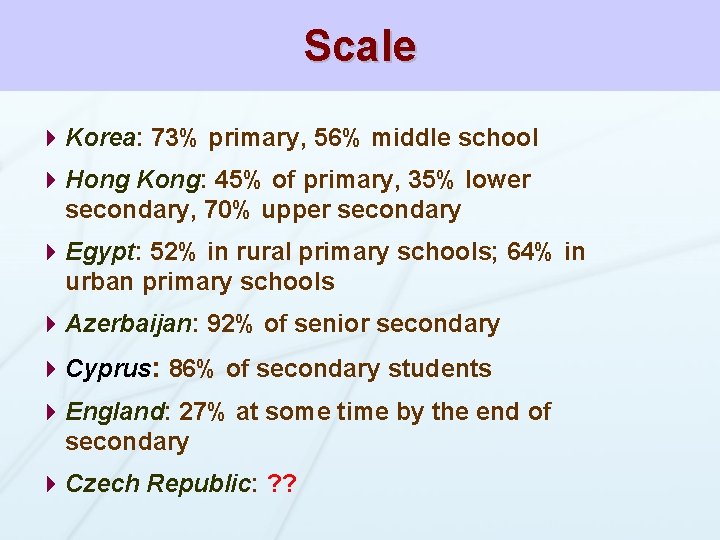 Scale 4 Korea: 73% primary, 56% middle school 4 Hong Kong: 45% of primary,