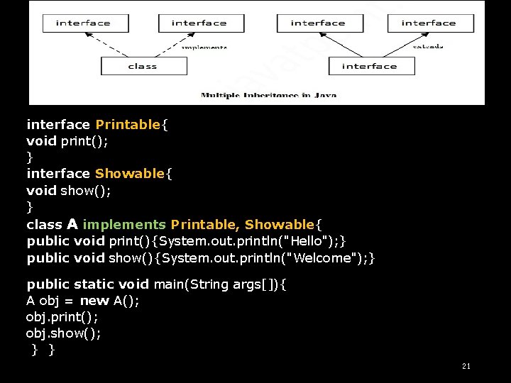 interface Printable{ void print(); } interface Showable{ void show(); } class A implements Printable,