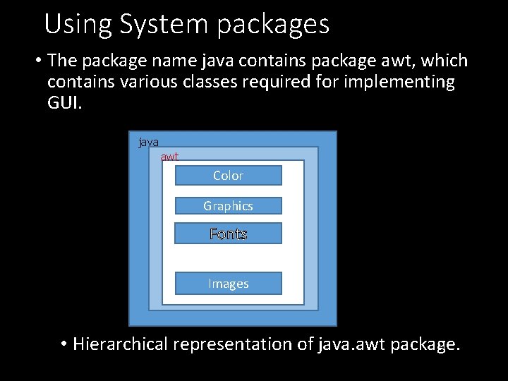 Using System packages • The package name java contains package awt, which contains various