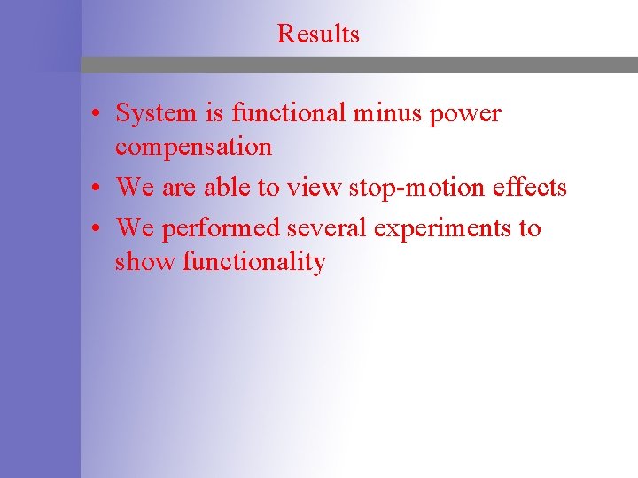 Results • System is functional minus power compensation • We are able to view