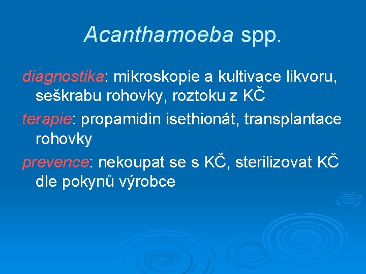 Acanthamoeba spp. diagnostika: mikroskopie a kultivace likvoru, seškrabu rohovky, roztoku z KČ terapie: propamidin