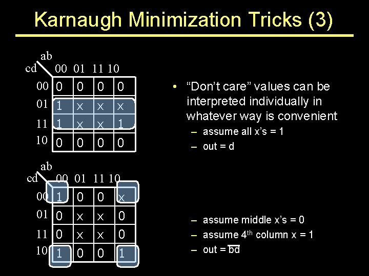 Karnaugh Minimization Tricks (3) ab cd 00 01 00 0 0 01 1 x