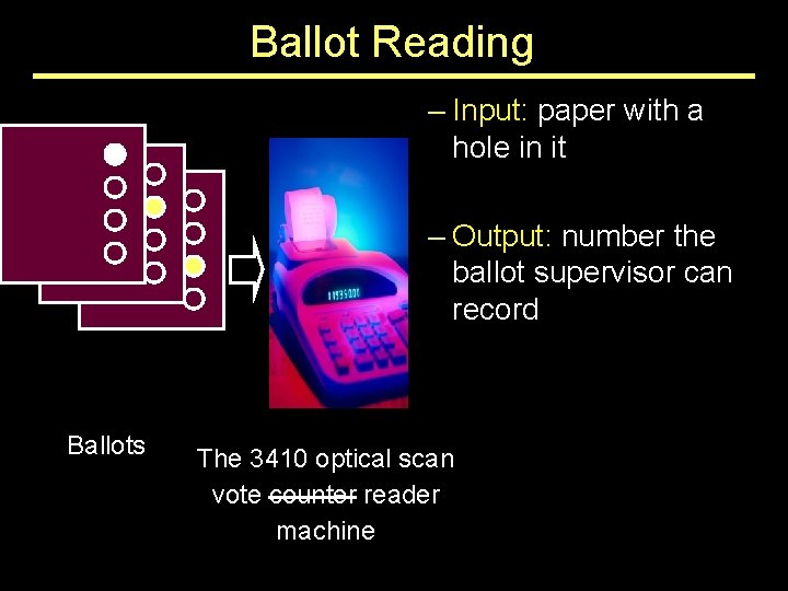 Ballot Reading – Input: paper with a hole in it – Output: number the