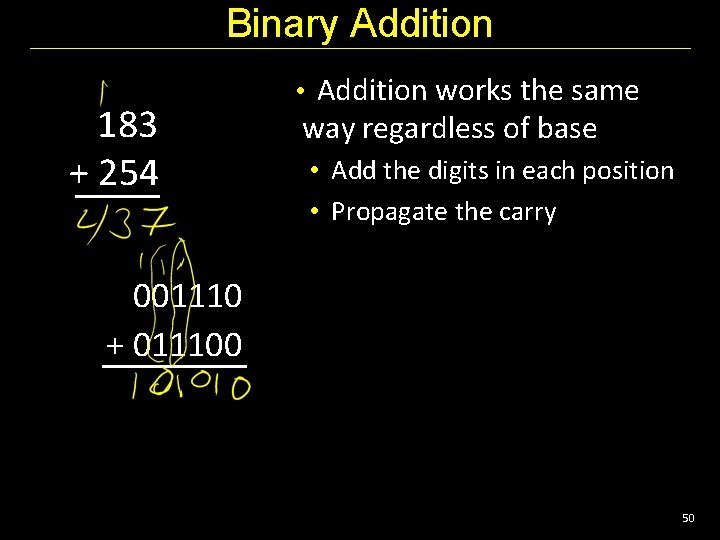 Binary Addition 183 + 254 • Addition works the same way regardless of base