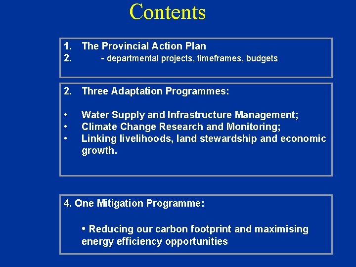 Contents 1. The Provincial Action Plan 2. - departmental projects, timeframes, budgets 2. Three