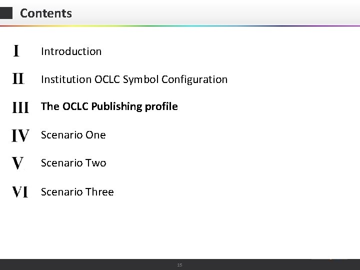 Contents Introduction Institution OCLC Symbol Configuration The OCLC Publishing profile Scenario One Scenario Two