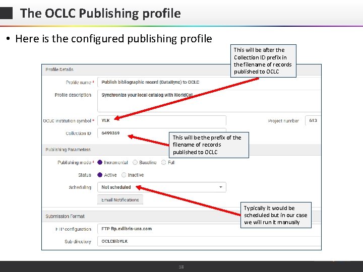 The OCLC Publishing profile • Here is the configured publishing profile This will be