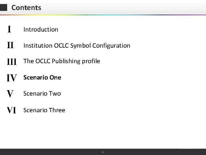 Contents Introduction Institution OCLC Symbol Configuration The OCLC Publishing profile Scenario One Scenario Two