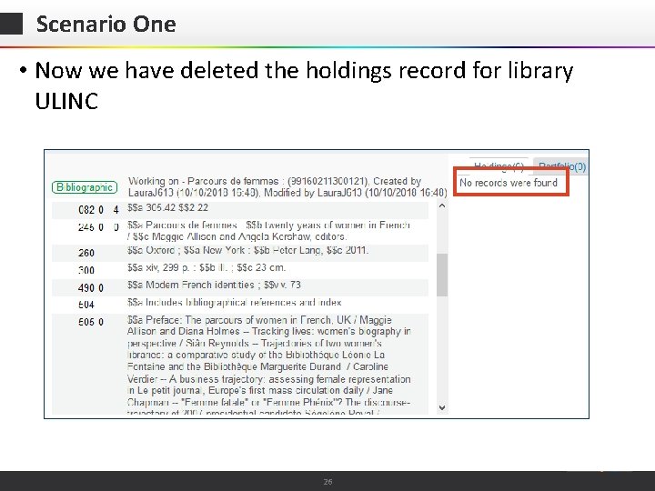 Scenario One • Now we have deleted the holdings record for library ULINC ©