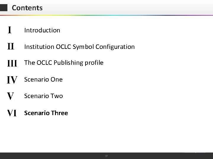 Contents Introduction Institution OCLC Symbol Configuration The OCLC Publishing profile Scenario One Scenario Two