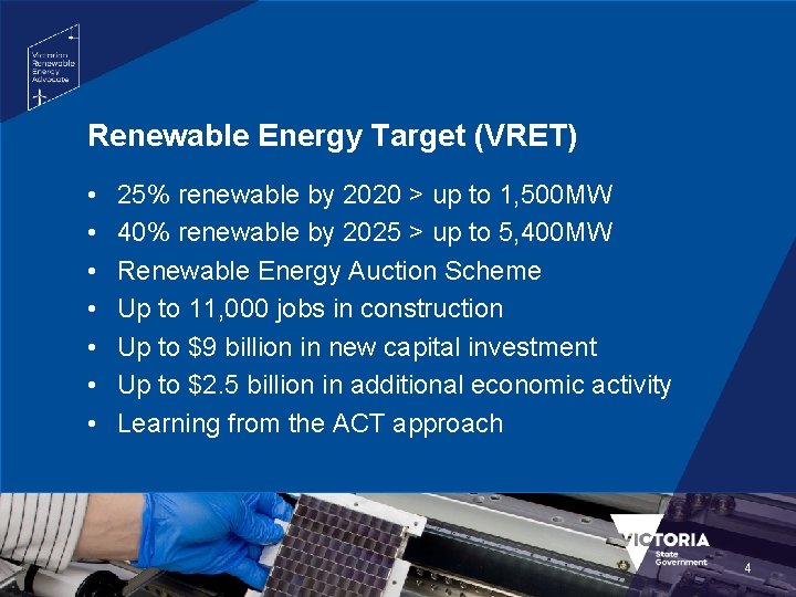 Renewable Energy Target (VRET) • • 25% renewable by 2020 > up to 1,