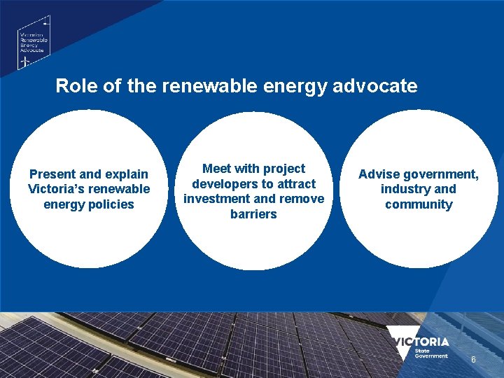 Role of the renewable energy advocate Present and explain Victoria’s renewable energy policies Meet