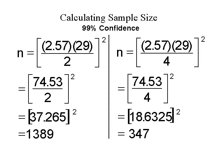 Calculating Sample Size 99% Confidence é ù ( 2. 57 )( 29 ) n=ê