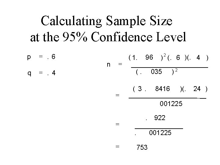 Calculating Sample Size at the 95% Confidence Level p q =. 6 =. 4