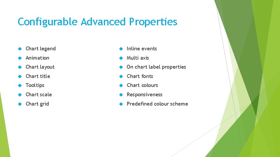 Configurable Advanced Properties Chart legend Inline events Animation Multi axis Chart layout On chart