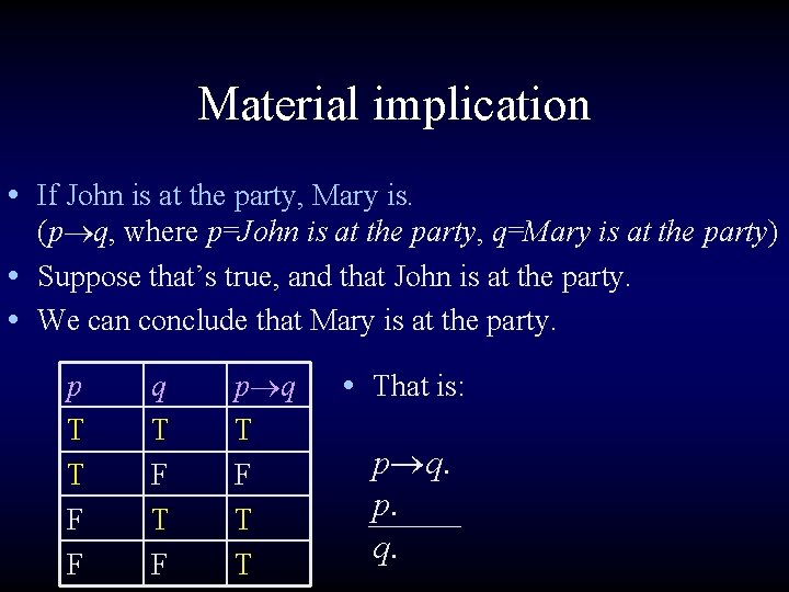 Material implication • If John is at the party, Mary is. (p q, where