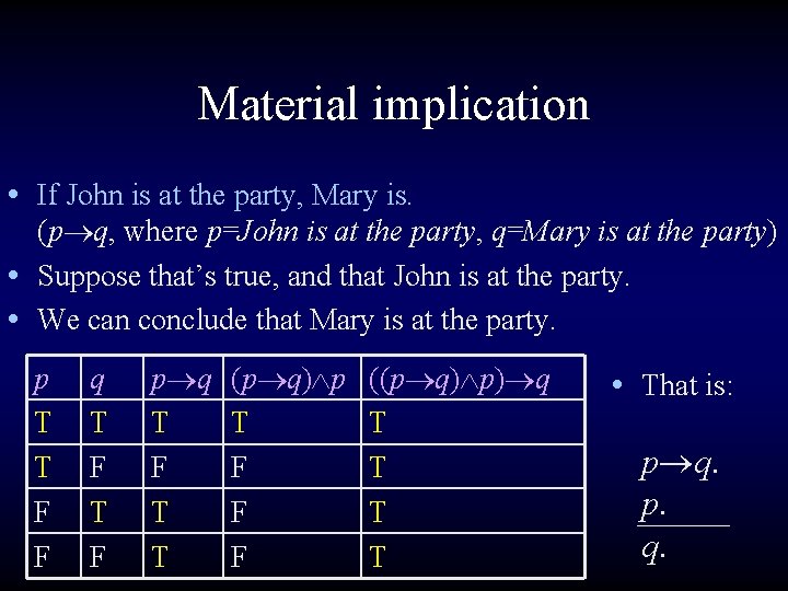 Material implication • If John is at the party, Mary is. (p q, where