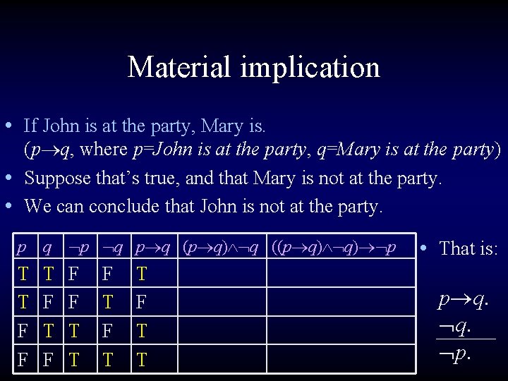 Material implication • If John is at the party, Mary is. (p q, where