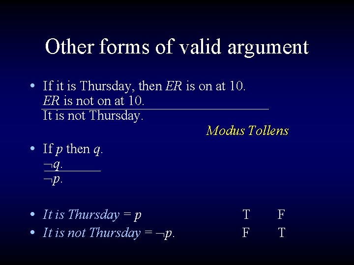 Other forms of valid argument • If it is Thursday, then ER is on